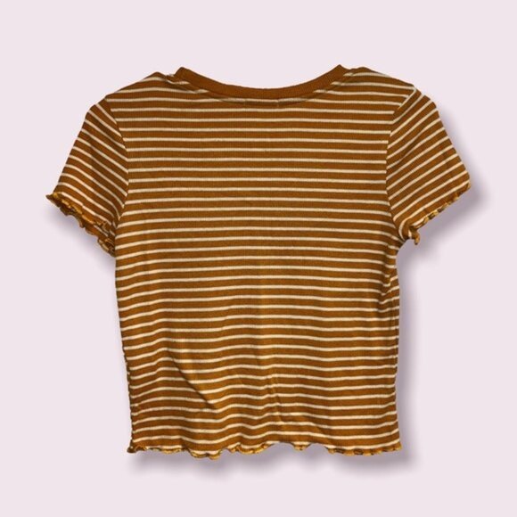 Y2K Crop Top Mustard Ribbed Stripes Ruffled Short Sleeve Womens Size Medium - Picture 2 of 5